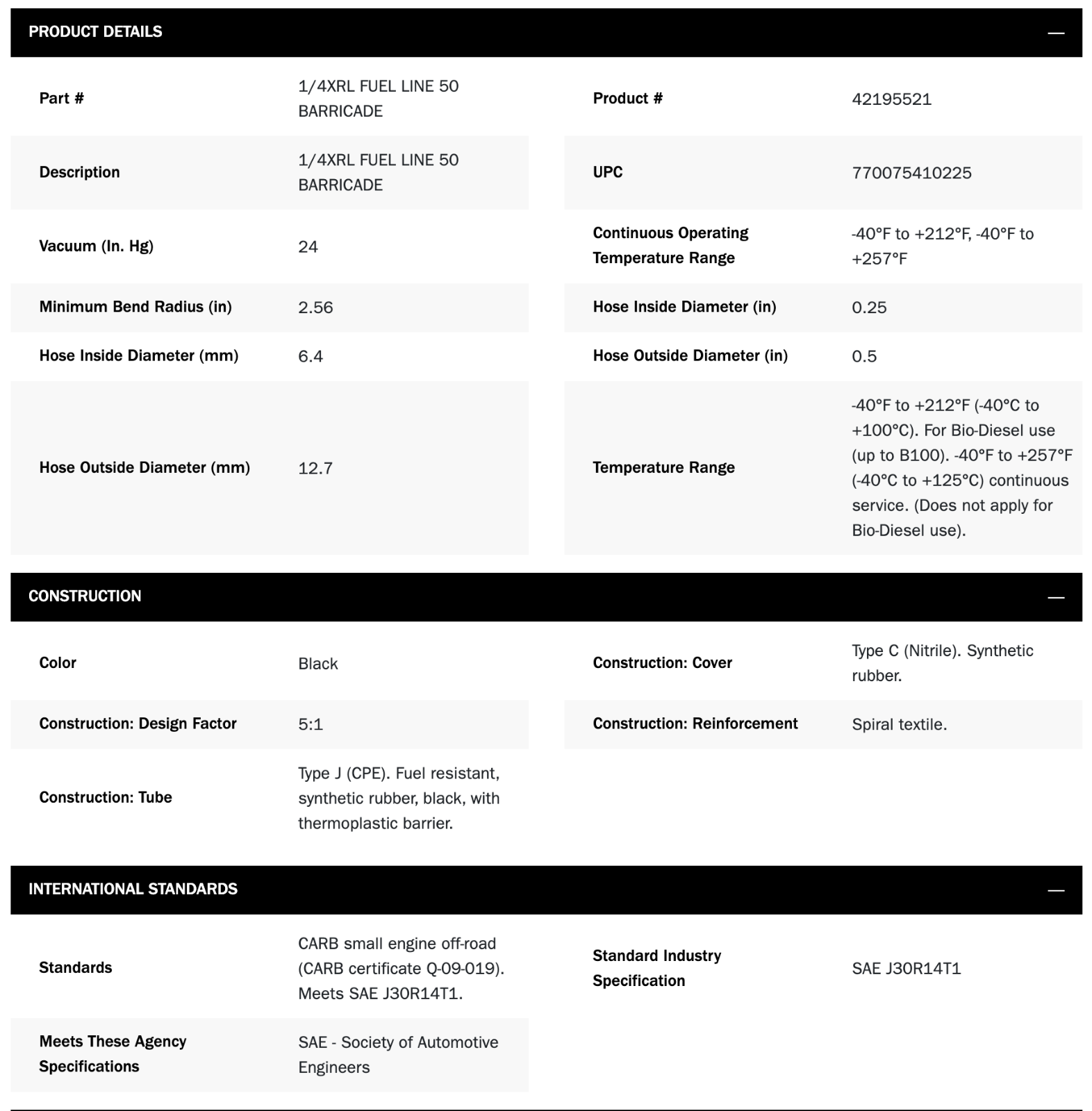 Gates Barricade Carbureted Fuel Hose 1/4 inch ID, Sold in 25 FOOT
