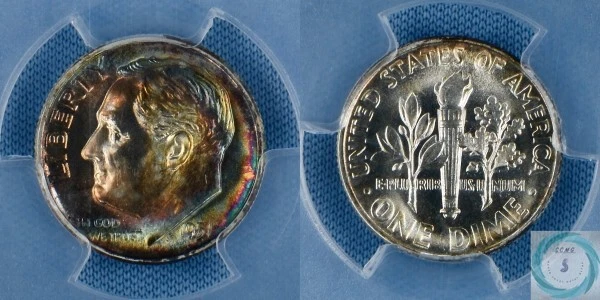 Moneda de diez centavos Roosevelt 1951 PR67 PCGS en TrueView - Espectaculares tonos arco iris anverso Foto 4 de 4