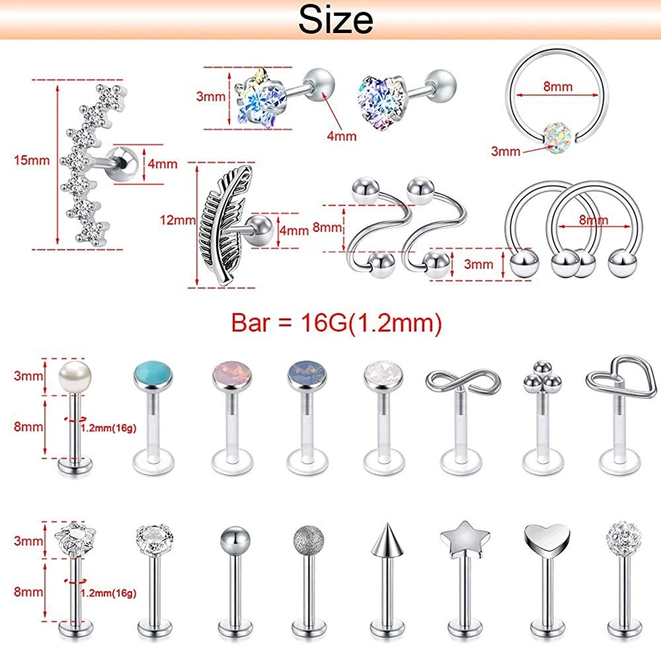 25Pcs 16G Cartilage Earring Surgical Steel Lip Studs Set Conch Piercing Jewelry - Image 2 of 4