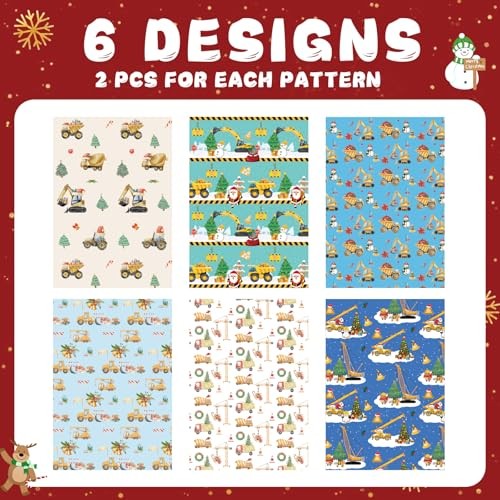  12 Sheets Construction Christmas Wrapping Paper for Boys Kids, Holiday Gift 