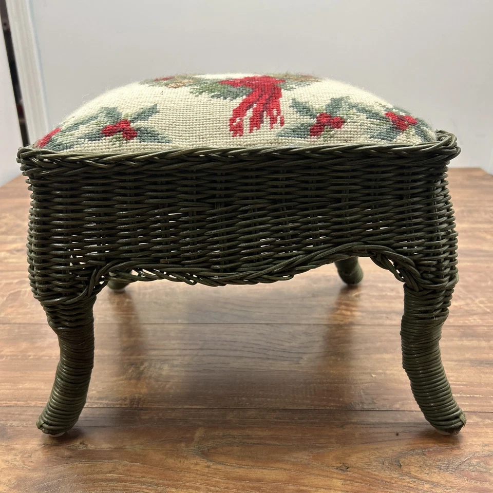 Vtg Christmas Needlepoint Footstool Green Wicker Home For The Holidays Cottage - Image 2 of 4