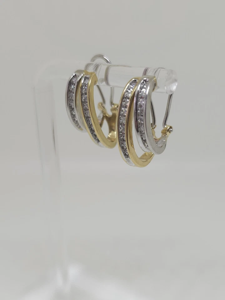 14k Gold Two-Tone Double Hoop Earrings .50 Carats Channel Set Diamond Omega Back - Image 3 of 4