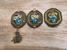 Vintage Capodimonte Floral Wall Plaque Set of 3 Green With Porcelain Ornament