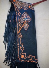 Hand Tooled Leather Rodeo Chaps Western Cowboy Bull Riding Gear with Fringe