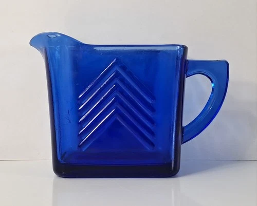 Vintage Cobalt Blue Pitcher Chevron Design Hazel-Atlas Glass 12Oz Depression Era