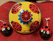 Vtg LBZ Lorenz Bolz Zirndorf Tin Toy Ladybug Spinning Top 6" Germany 2 Castanets