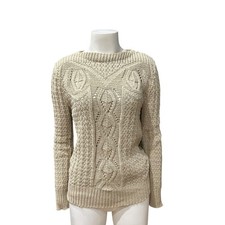 Vintage 1980s Cream Cotton Cable Knit Sweater Fisherman Style Pullover -