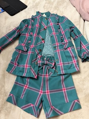 Finding Foxtale Center Stage Girls Blazer & Shorts Set Plaid Teal Green Pink 8