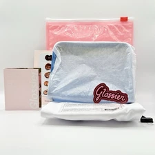Glossier Goods Clear Mini Beauty Bag Blue Yellow Gift Set Pouch Sticker Perfume