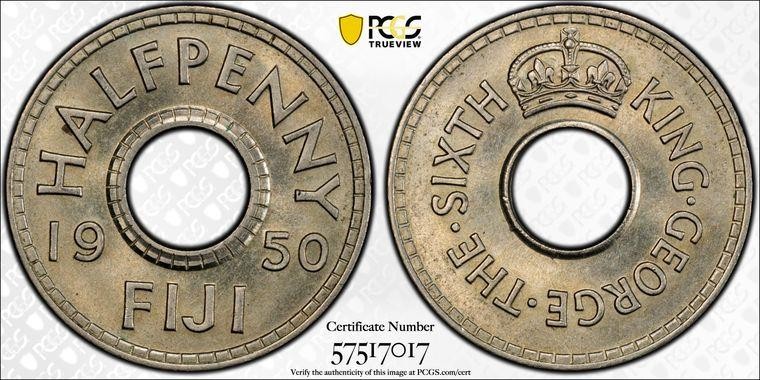 Fiji 1/2 Penny 1950 PCGS MS 65
