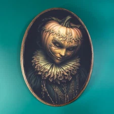 DARK PUMPKIN MASK WOODEN DECOR, Gothic Halloween Wood Plaque, Fantasy Wall Art