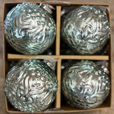 Tinsel & Fir Aqua Blue Beveled Scroll Mercury Glass Christmas Ornaments 4” Set 4
