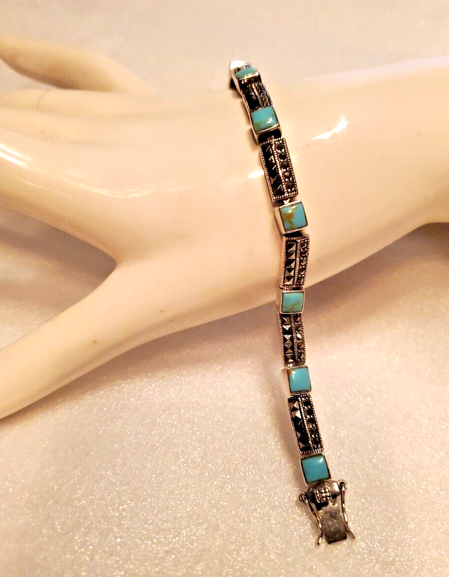 Sterling Silver Bracelet, Turquoise & marcasite set chanel  display picture 3