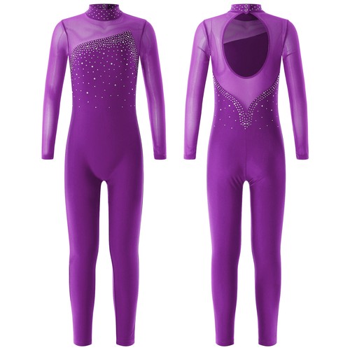 UK Kid Girls Shiny Gymnastics Leotard Long Sleeve Jumpsuit Ice Skating Dancewear - Picture 32 of 60
