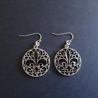 Fleur de Lis Filigree Round Earrings Black Enamel Sterling Silver