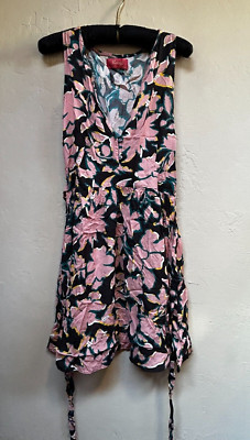 New Maaji Womens Medium V-Neck Sleeveless Belted Dress Black Pink Floral $86