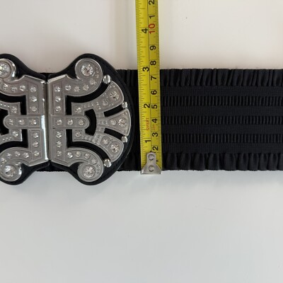 Chico\'s Black Silver Tone and Rhinestone Bling Stretch Fabric Zoey Belt Sz L 20\