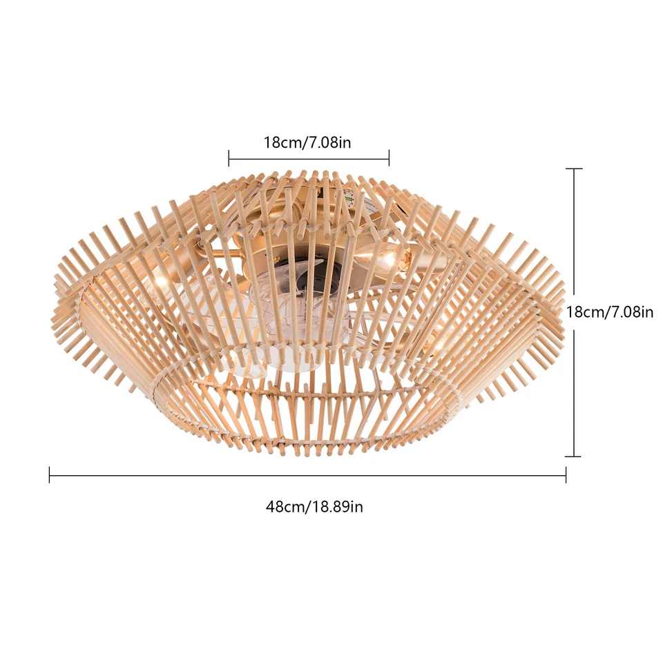 18" Bamboo Caged Ceiling Fan Light Low Profile 6 Speeds Chandelier with Remote - Image 2 of 4