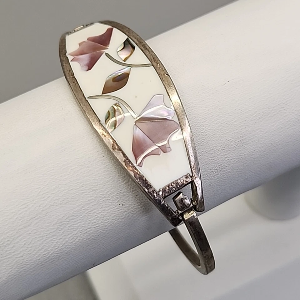 Pulsera de incrustación de madreperla con flores rosas Esmalte blanco Hecho a mano 6.75" Foto 3 de 4