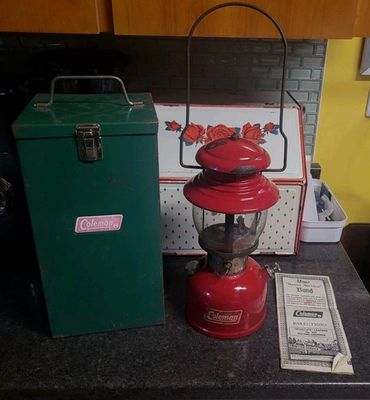 #ad Vintage 1960 Coleman 200A Red Camping Lantern Original Globe With Metal Case C $125.00