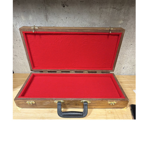 Wooden Display Case Red Interior Brass Latches Black Handle 21" x 10"