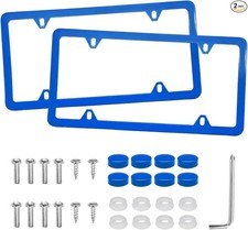 2 Pcs Car License Plate Frames 4 Holes Stainless Steel Auto Tag H Color Blue
