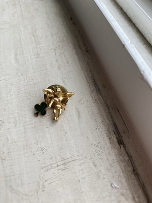 Gold Tone Angel Pin with Green Clover Shamrock, Metal, No Stones