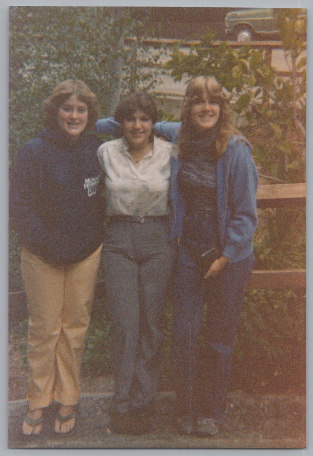 Girls Friends Arm in Arm Smiling Portrait Fence Trees Vintage Car