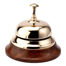 12cm Tresenglocke rund Messing gold massiv mit Holzsockel maritime Serviceglocke
