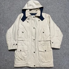 Towne London Fog Jacket Coat Mens Small Beige Hooded Long Chore Full Zip