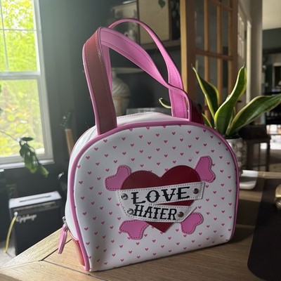 Addicted Brand ''Love Hater'' bowler handbag pink heart Rockabilly graphic.