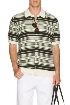 NN07 Polo Shirt Mens Medium Green Stripe Cotton Knit Button NOLAN CARDIGAN $230