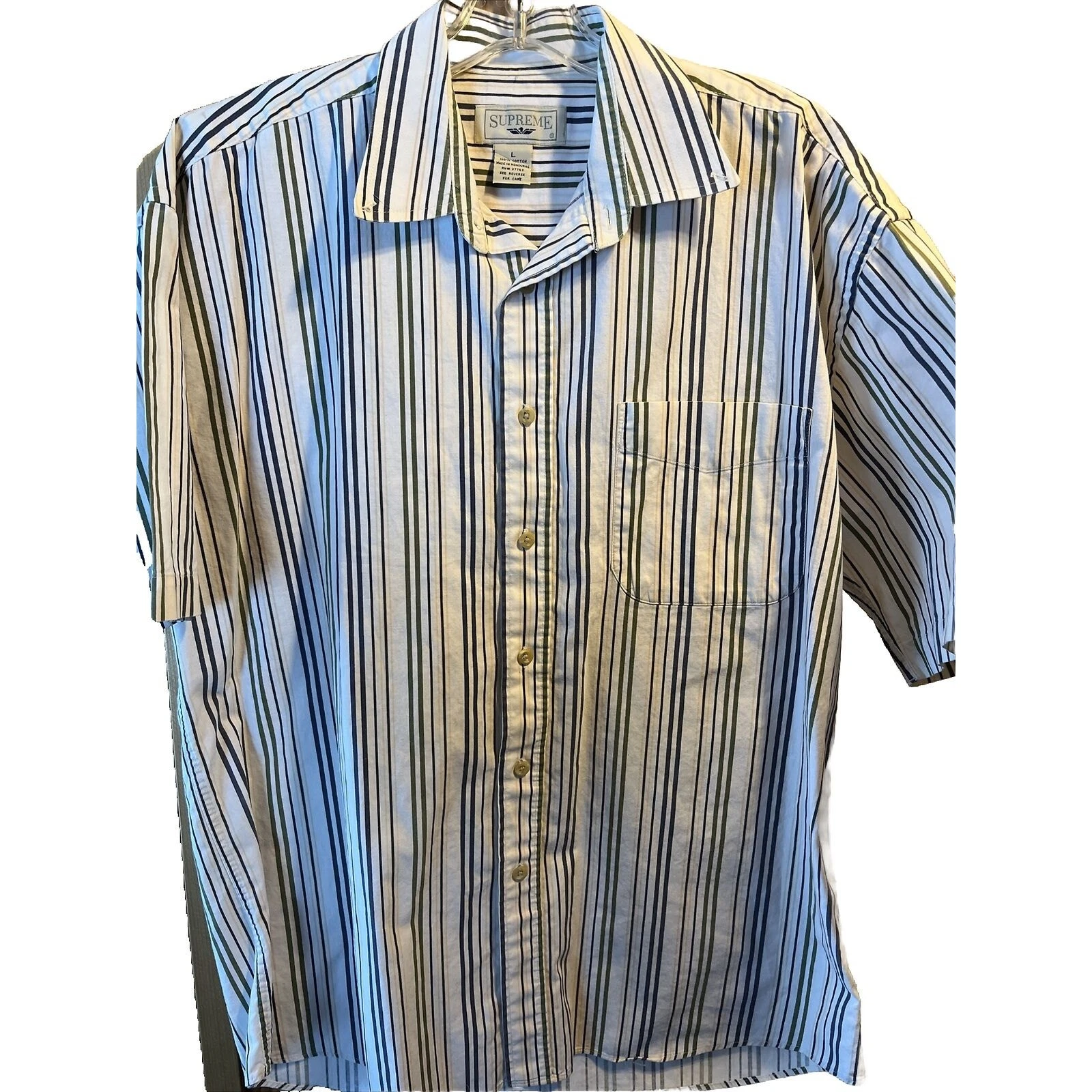 Chemise homme Supreme vintage L blanc bleu rayé manches courtes boutonnée coton