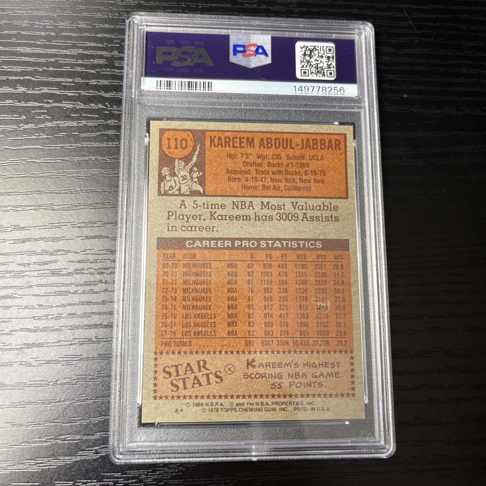 PSA 4 1978 TOPPS 110 KAREEM ABDUL-JABBAR view 3