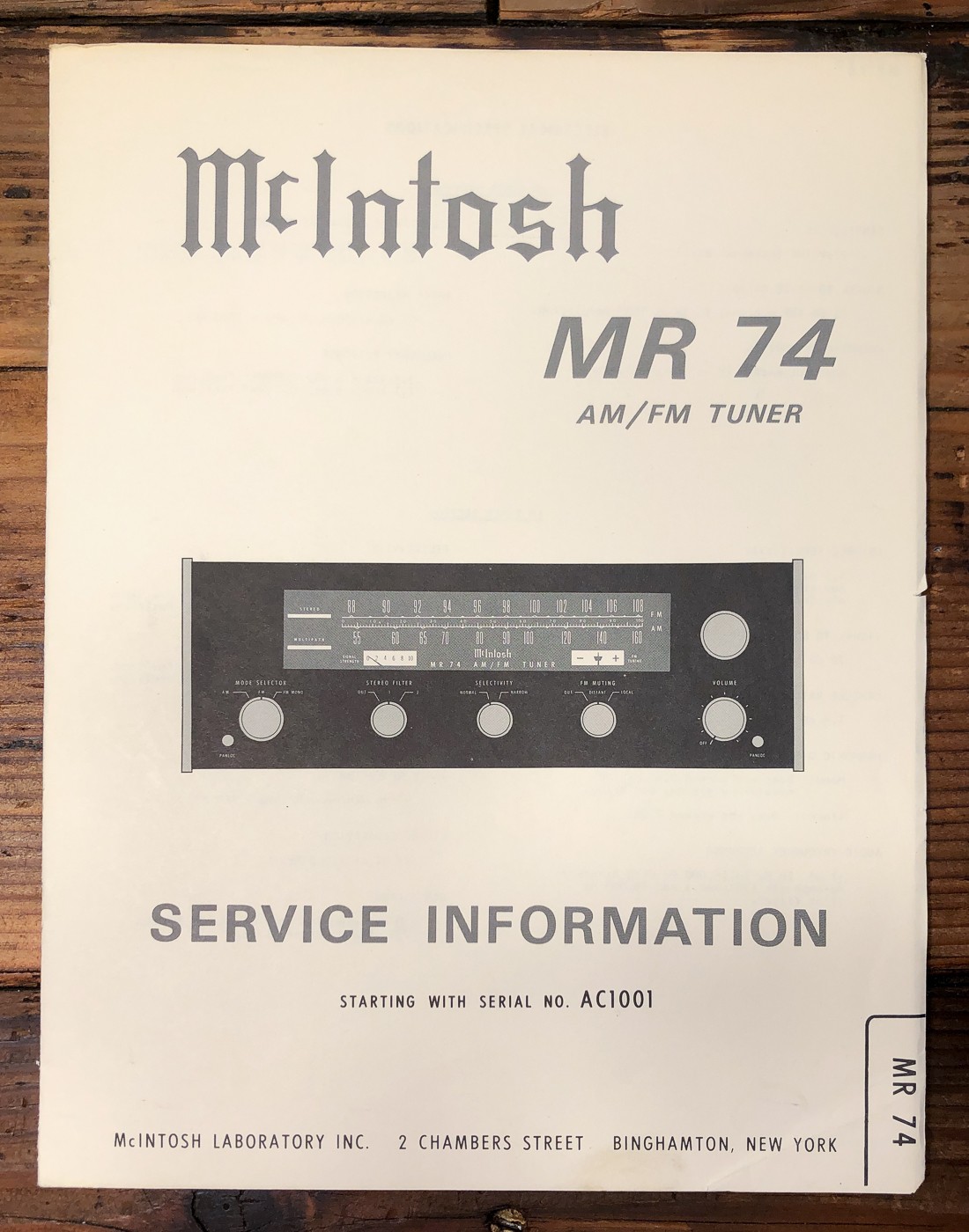 McIntosh MR-74 MR74 Tuner Starts AC1001 Service Manual *Original*