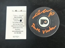 Daniel Vladar Signed Autographed Hockey Puck Philadelphia Flyers COA