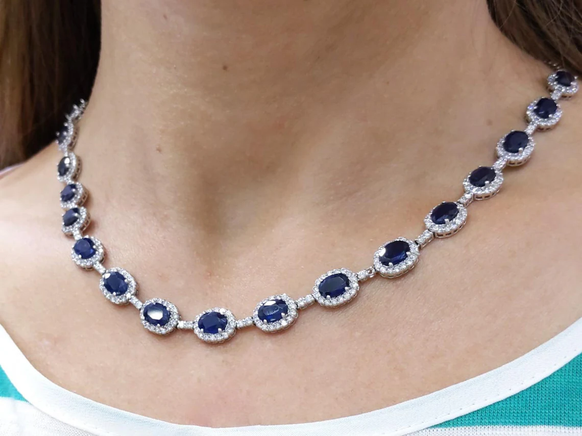 28Ctw Oval Cut Lab Created Blue Sapphire Tennis Necklace 14K White Gold Plated