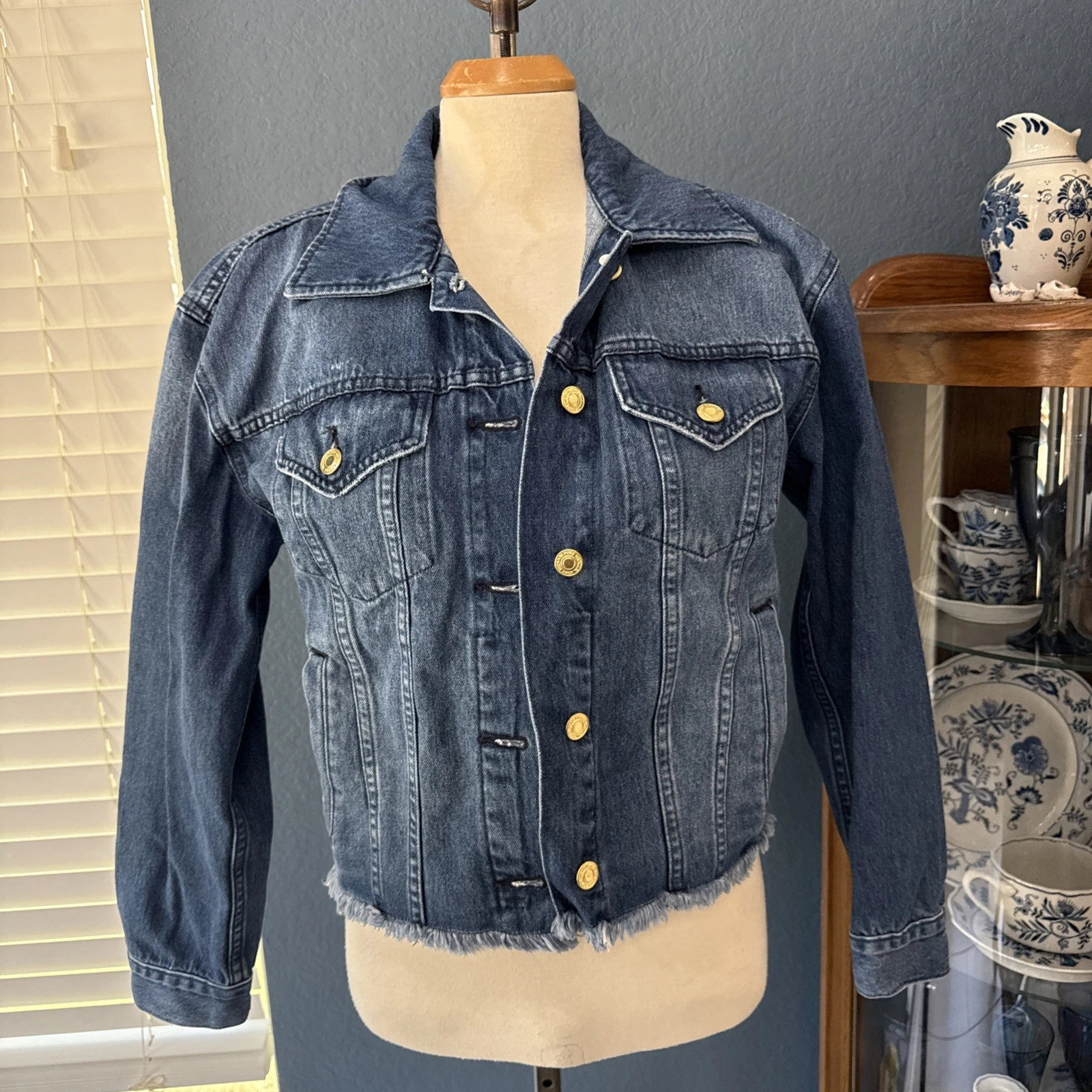 Giacca denim Michael Kors taglia S donna blu orlo con frange cropped