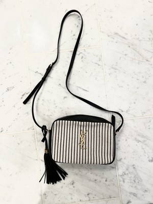 YSL Yes Saint Laurent Cloth Crossbody Bag Black Striped Cloth Gold Hardware