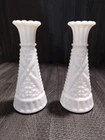 Vintage Set  Anchor Hocking Milk Glass Bud Vases Flower White Stars And Bars 6”