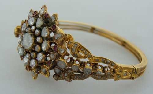 Victorian ROSE CUT DIAMOND RUBY YELLOW GOLD BANGLE BRACELET Unique Gorgeous - Picture 5 of 8