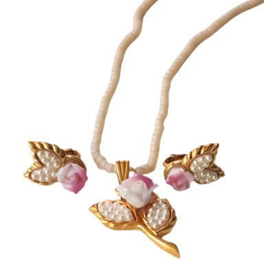 Vintage Delicate Avon Pink Porcelain Rose Pendant Necklace Earring Set