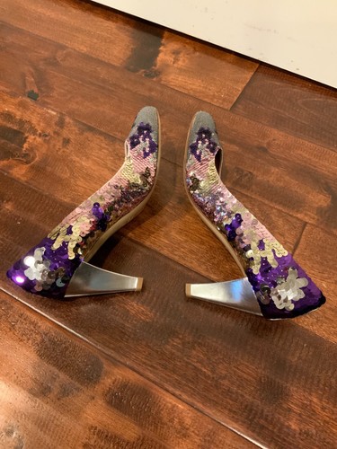 Scarpe décolleté Miu viola e argento con paillettes punta tonda tacco, taglia 38 (IT) 8 (US) - Foto 8 di 9