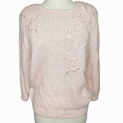 VTG 80's Blush Pink Fuzzy Wool Embroidered Sweater With Pearl