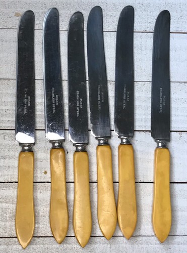 6 Vtg Butterscotch Bakelite Flatware Antq Boker Art Deco 1930s Stainless Knives - Picture 5 of 8