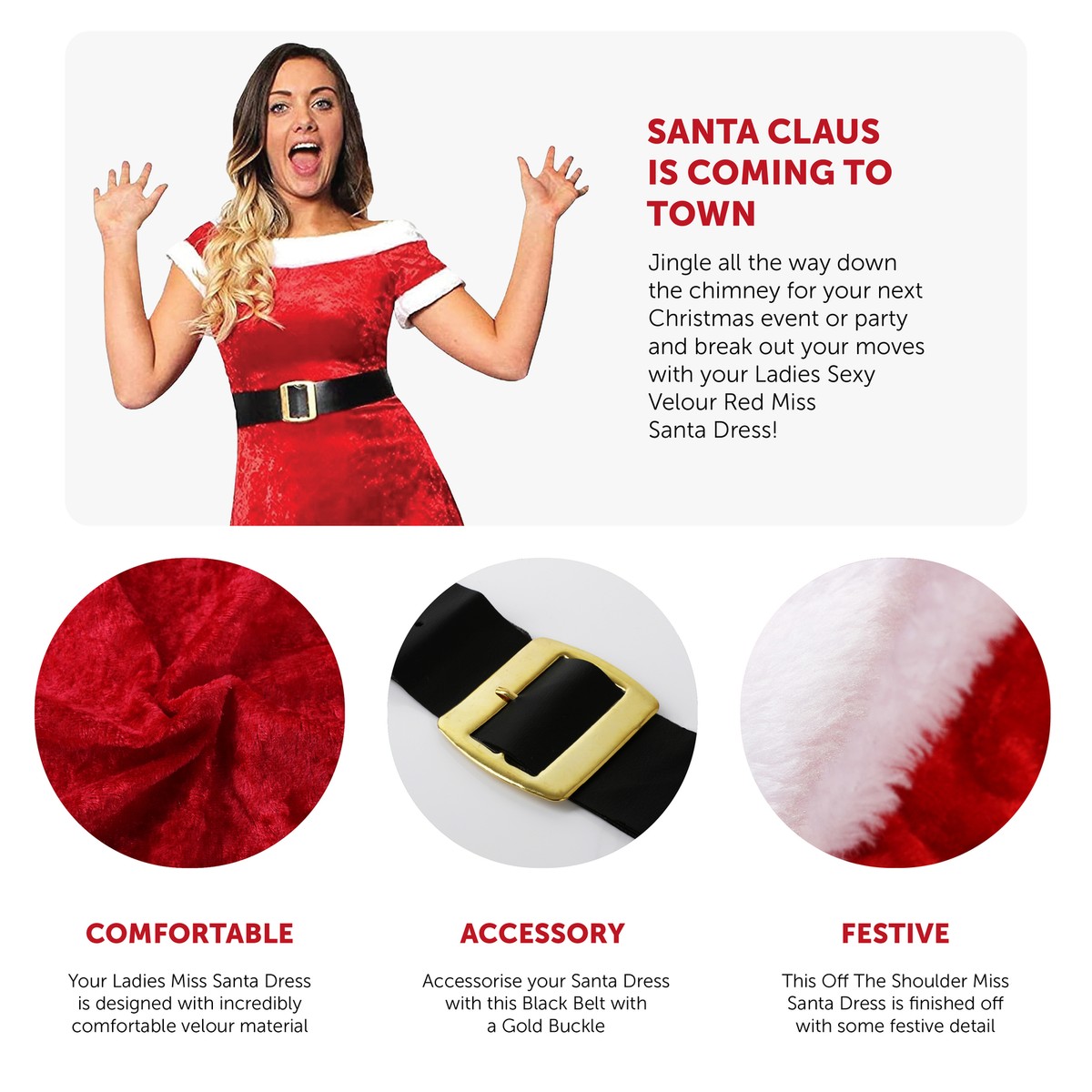 LADIES MISS SANTA DRESS COSTUME VELOUR MRS CLAUS CHRISTMAS XMAS