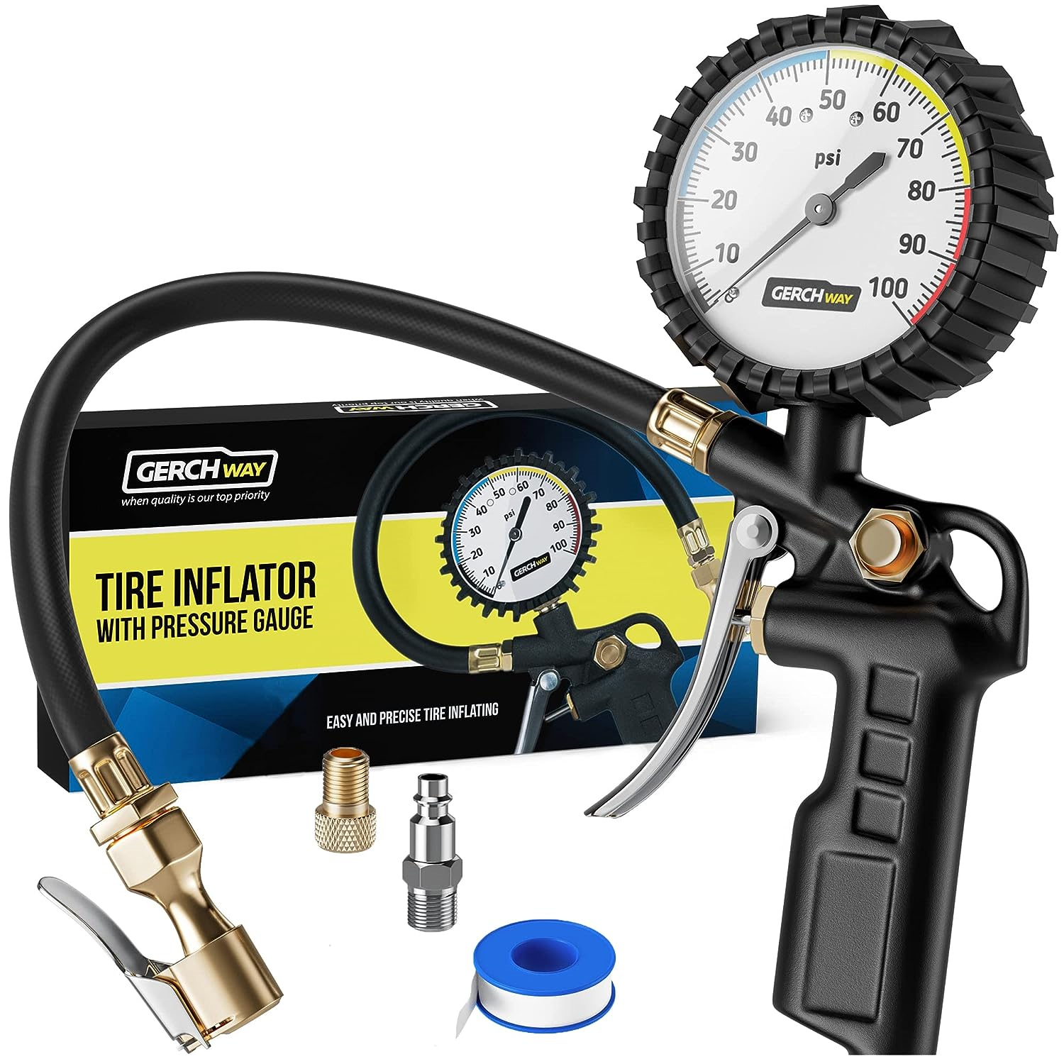 Tire Inflator With Pressure Gauge Large Glow Dial Swivel Air Chuck With