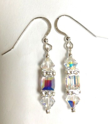 BRIDAL WEDDING RHINESTONE EARRINGS SILVER made with SWAROVSKI CRYSTAL AB, Dangle