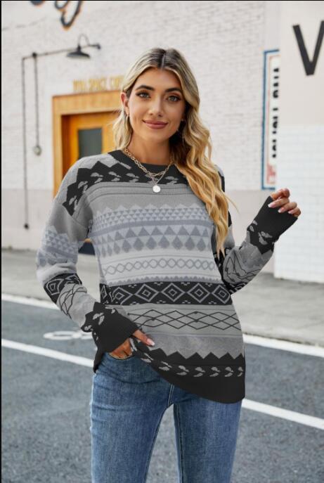 ニット セーター Argyle Jacquard Round Collar Sweater レディース Womens 2023 Retro Argyle Jacquard Knitted Round Neck