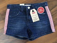 Levi  s Girls Shorty Shorts Soft Stretchy Sz 8 Blue Pink Stripe Bling Accents NWT